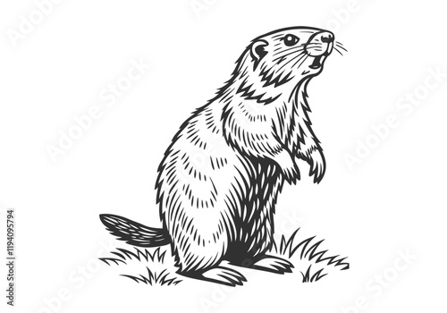 Vintage Beaver Standing Woodcut Engraving Style Vector Illustration with Intricate Hand-Drawn Details