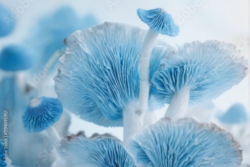 Blue Mushrooms Arranged in Scattered Close-Up on White Background - Peaceful and Serene Mood