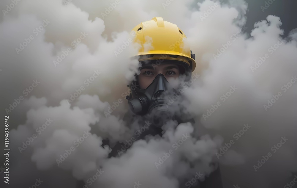 Obraz premium Firefighter in protective gear enveloped in smoke