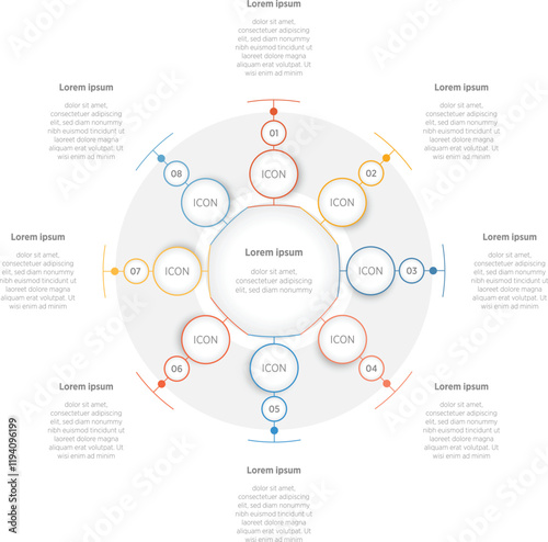 Business Modern Infographics template. 8 steps rounded timeline with options and marketing icons Vector rounded infographic with eight circle connected elements. Design can be use for presentation.
