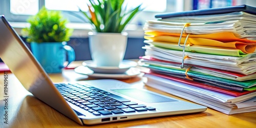Macro Shot: Organized Tax Return Workspace - Laptop, Calculator, Paperwork