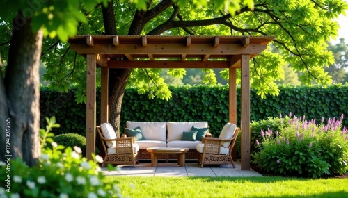 Arbour with comfortable garden furniture under a leafy tree, tree, relaxation, arbour