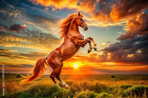 Majestic Red Horse Rearing at Sunset, Aerial Summer Photography
