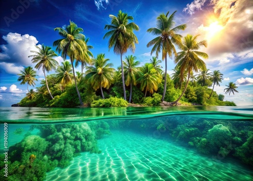 Fototapeta Naklejka Na Ścianę i Meble -  Maldives Tropical Paradise: Double Exposure of Lush Palms and Turquoise Waters