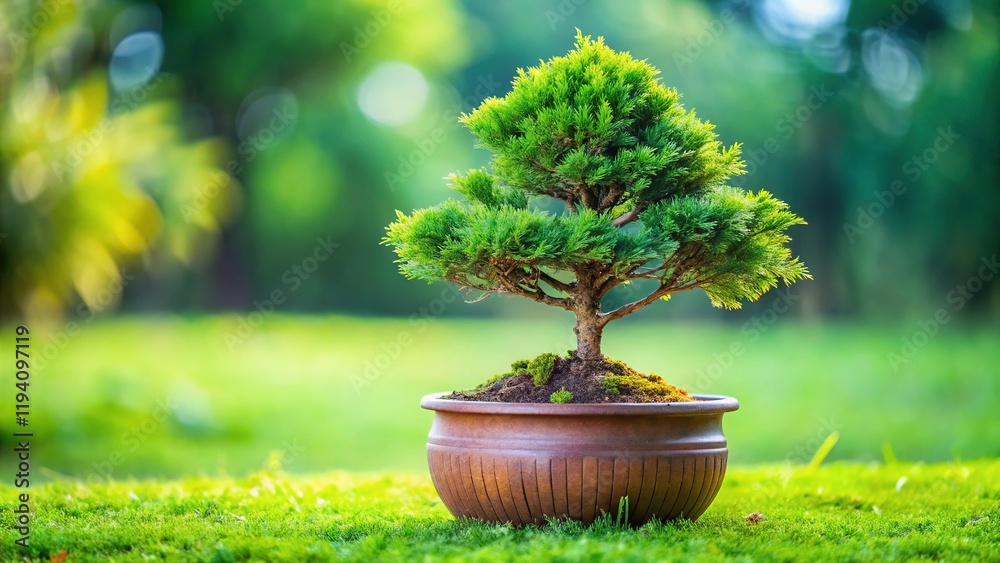Miniature Thuja Bonsai Tree in Ceramic Pot on Green Lawn - High-Resolution Stock Photo Miniature Thuja Bonsai Tree in Ceramic Pot on Green Lawn - High-Resolution Stock Photo