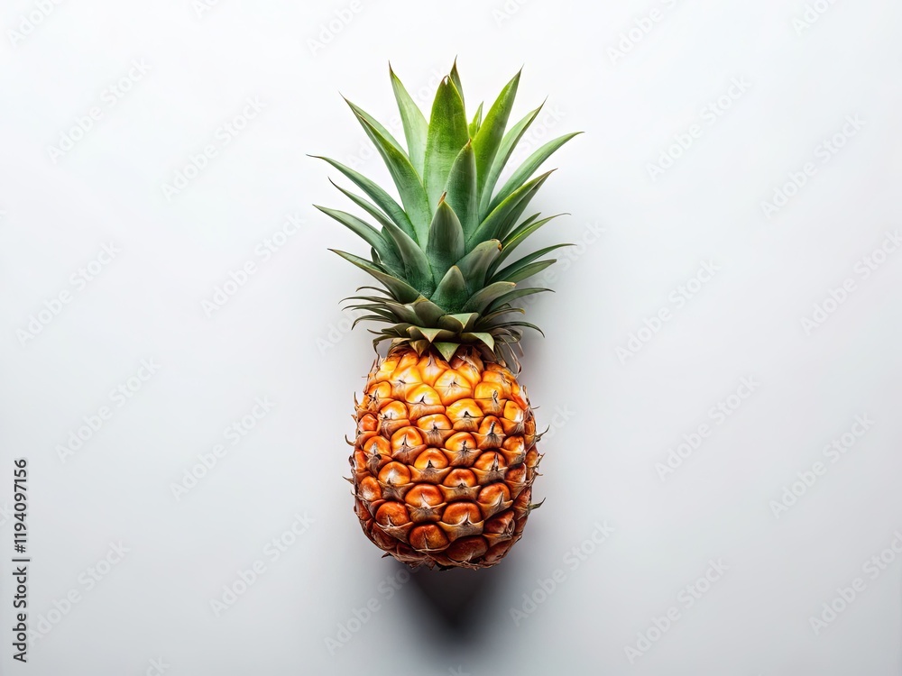 Minimalist Aerial Pineapple: Overhead View of Single Ripe Pineapple on White Minimalist Aerial Pineapple: Overhead View of Single Ripe Pineapple on White