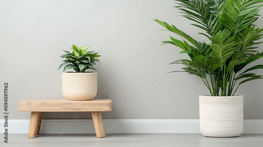 Eye-level view of indoor plant arrangement on wooden stand in minimalist living room Eye-level view of indoor plant arrangement on wooden stand in minimalist living room