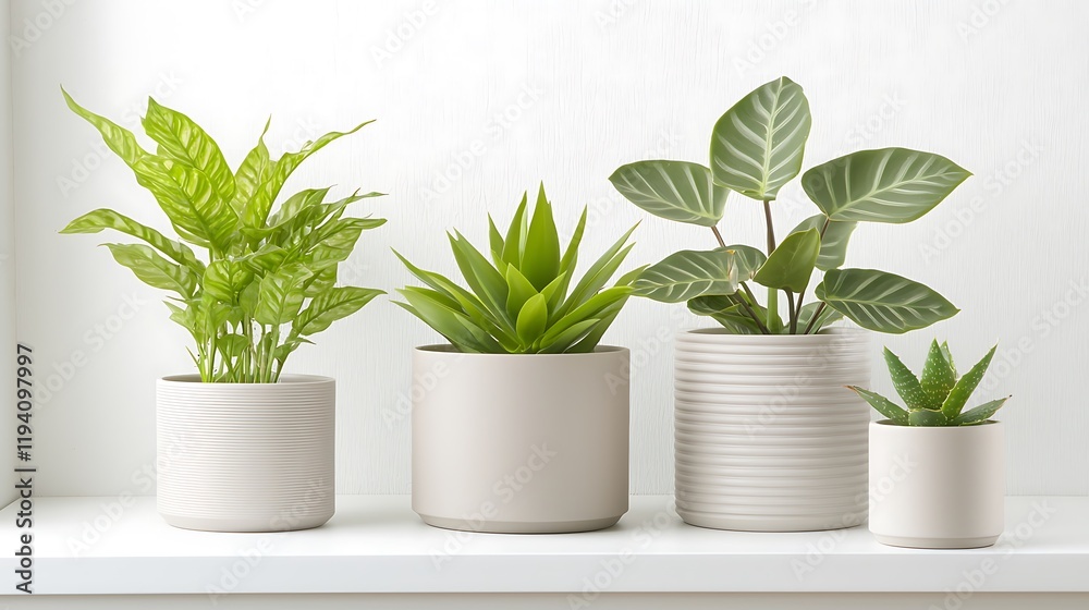 Obraz premium Minimalist indoor plant display modern pots and greenery for serene home decor