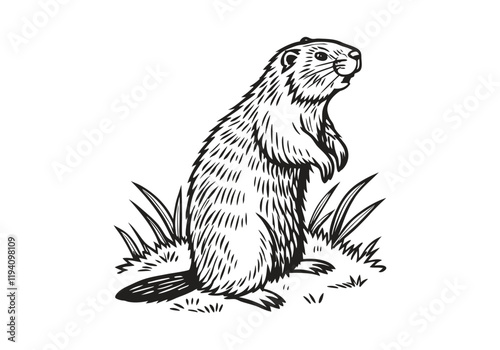 Vintage Beaver Standing Woodcut Engraving Style Vector Illustration with Intricate Hand-Drawn Details