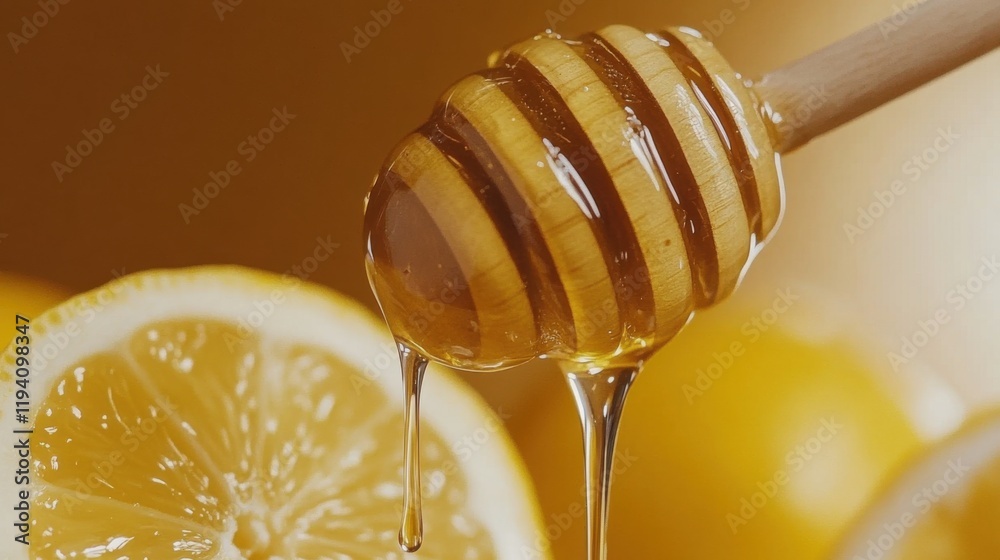 Close-up of Honey Dripping from Wooden Dipper Surrounded by Fresh Sliced Lemons on Warm Background Evokes Natural Sweetness and Refreshing Citrus Flavor Close-up of Honey Dripping from Wooden Dipper Surrounded by Fresh Sliced Lemons on Warm Background Evokes Natural Sweetness and Refreshing Citrus Flavor