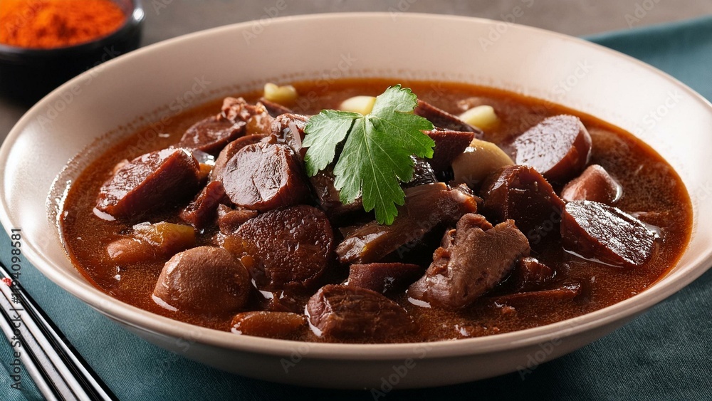 Pork Dinuguan, Filipino Pork Blood Stew served in a bowl with traditional rice
