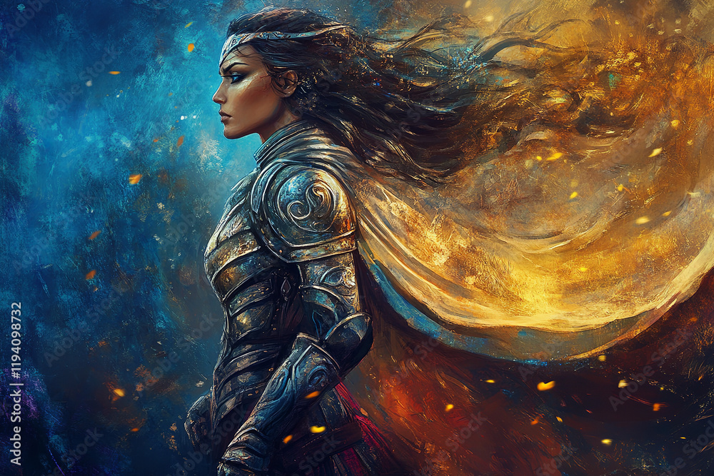 The image is an artistic depiction of a warrior wearing detailed armor, with long flowing hair and a cape that adds a dramatic effect