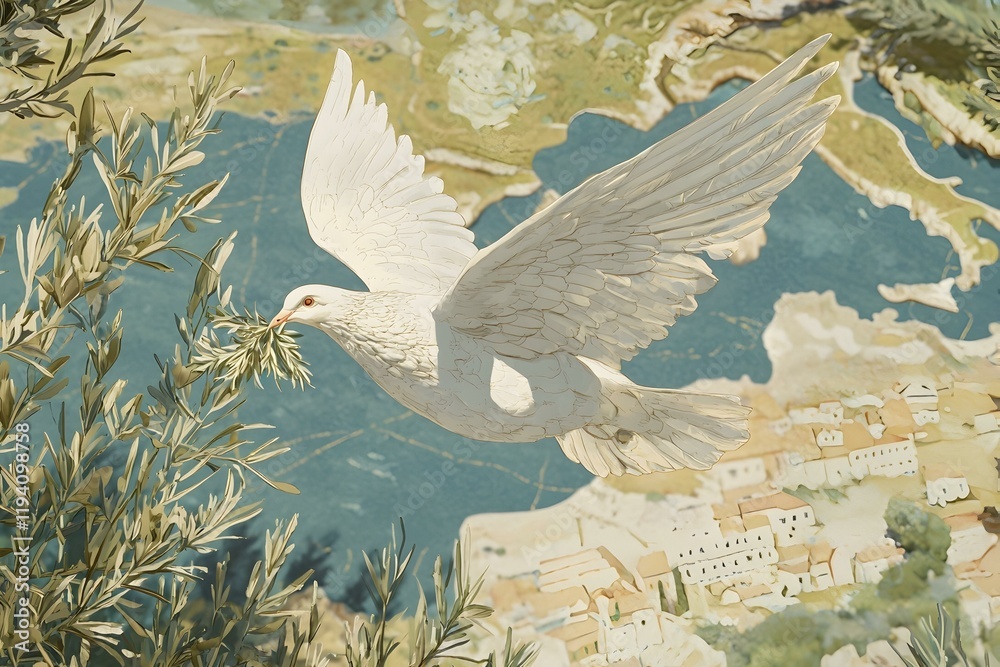 Obraz premium White dove carrying olive branch over coastal town. Symbol of peace, hope, and new beginnings.
