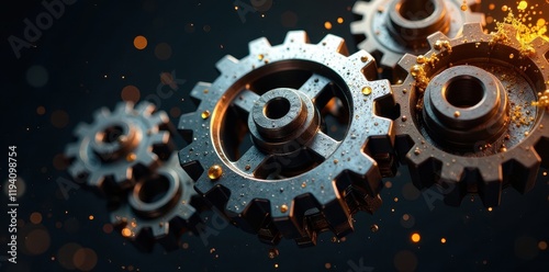 Sleek metal gears with dynamic oil splashes, revealing intricate mechanisms , , machine parts, oil