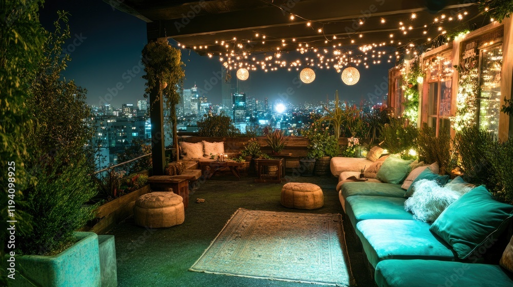 Obraz premium Magical Rooftop Oasis: Nighttime Cityscape View