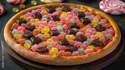 A colorful candy-themed pizza with toppings shaped like gummy bears, chocolates, and lollipops  photo