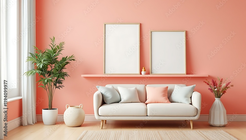 Fototapeta premium Coral living room mockup, white sofa, plants, frames. Home decor, interior design