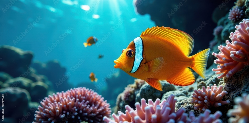 Fototapeta premium School of Copperband butterfly fish in coral reef, fans, copper, bushy