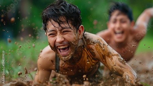 Two joyful boys, one of Asian descent, having fun playing in the mud, with splashes around them and vibrant green nature in the background. photo