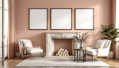 Elegant living room with fireplace, artwork, and armchairs. Interior design inspiration