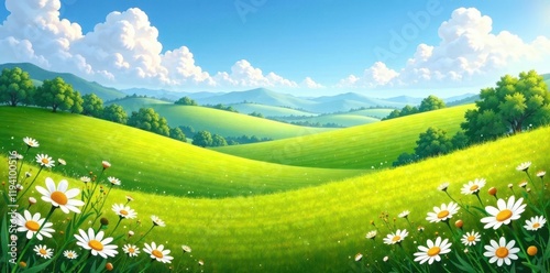 Rolling hills with blooming daisies and wildflowers, hillside, green grass, outdoors