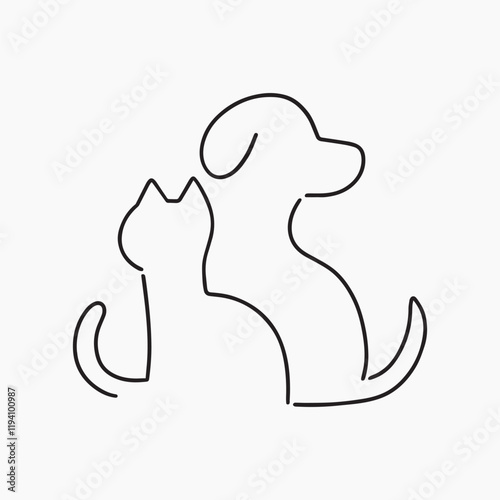 Cat & dog, pet animal, minimal line art illustration vector