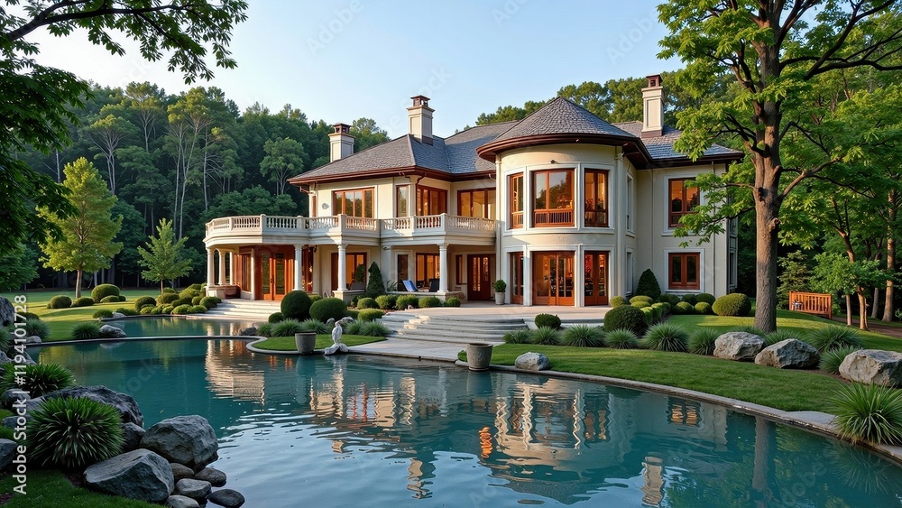 A picturesque white house with a charming brown-shingled roof and elegant white-pillared balcony. Panoramic outdoor view, capturing serene elegance A picturesque white house with a charming brown-shingled roof and elegant white-pillared balcony. Panoramic outdoor view, capturing serene elegance