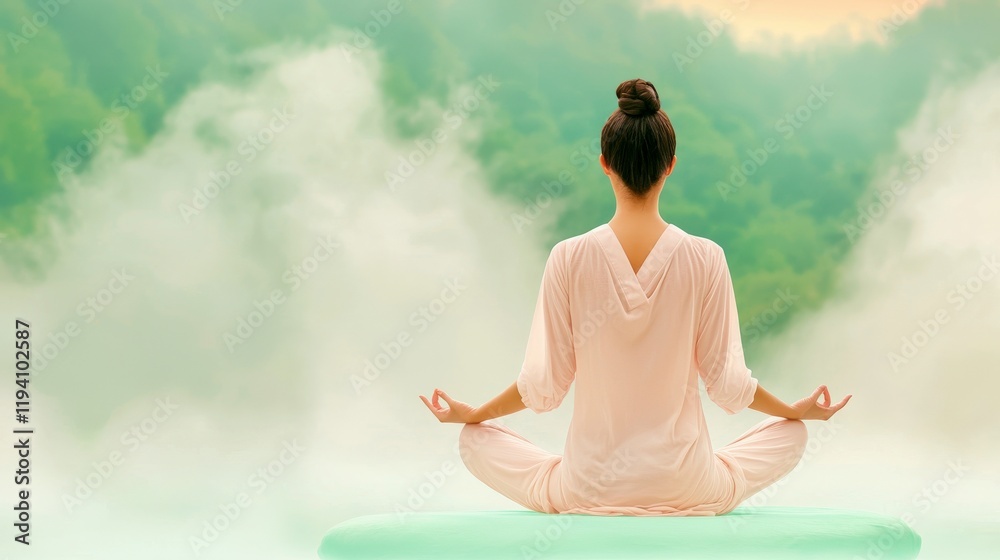 Calm Woman Meditating in Natural Environment Surrounded by Misty Landscape at Dawn or Dusk
