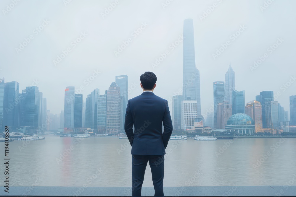 Asian man in a tailored suit standing before a panoramic city skyline, back view, symbolizing corporate ambition Asian man in a tailored suit standing before a panoramic city skyline, back view, symbolizing corporate ambition