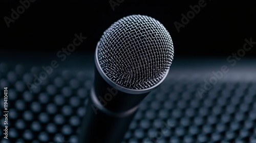 Close-up of a microphone on a textured surface, highlighting its design and material quality photo