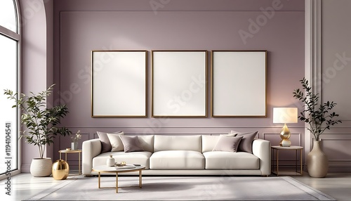Wallpaper Mural Elegant living room, mauve walls, white sofa, three frames, sunlight. Interior design mockup Torontodigital.ca