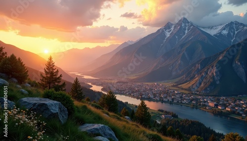 Majestic mountain ridge stretches over Balykchy town with golden light of sunset , ridge, mountains, landscape photo