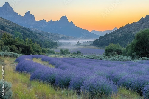 misty mountain valley at sunrise lavender fields stretching toward distant peaks creating a dreamy purplehued panorama photo