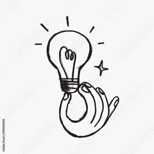 Hand holding light bulb doodle illustration vector