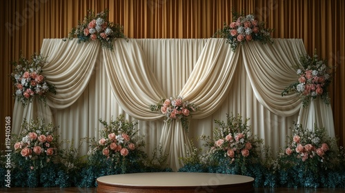 Elegant Wedding Stage Decor: Romantic Floral Arrangements and Draped Curtains for a Dreamy Celebration photo