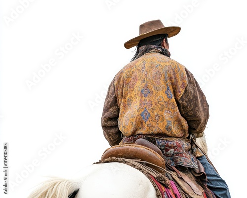 Man in a traditional Mongolian deel on horseback, back view, nomadic lifestyle photo