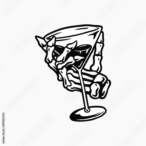 Skeleton hand holding cocktail glass element, black & white design vector