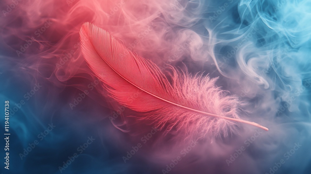 Pink feather in red and blue smoke. Pink feather in red and blue smoke.