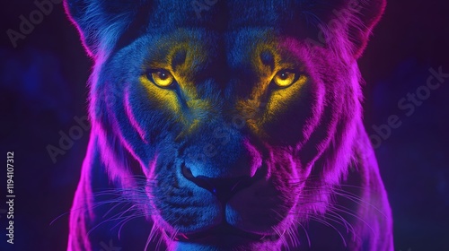 portrait of neon line art of lion on a black background
