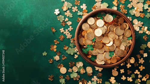 St. Patrick's Day Themed Image with Gold Coins and Shamrocks, Perfect for Celebrations and Decorations photo