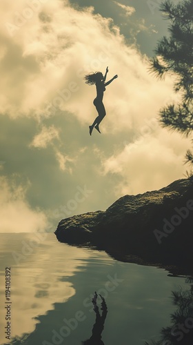 Woman Jumping off Cliff into Lake at Sunset photo