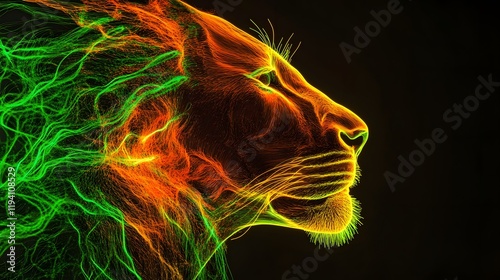 portrait of neon line art of lion on a black background photo