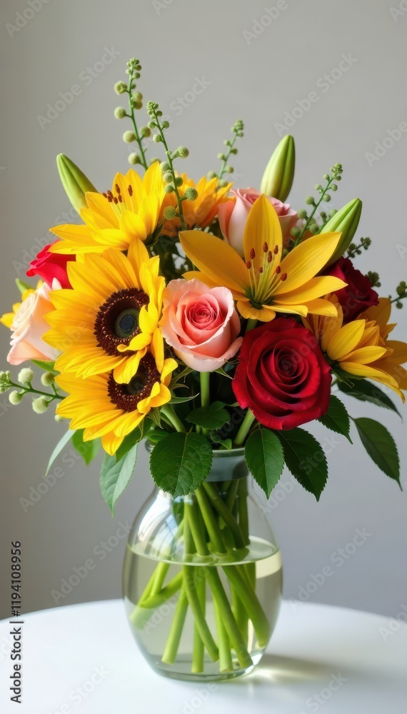Vibrant mix of roses, lilies and sunflowers in a elegant glass vase , colorful, fresh, bouquet