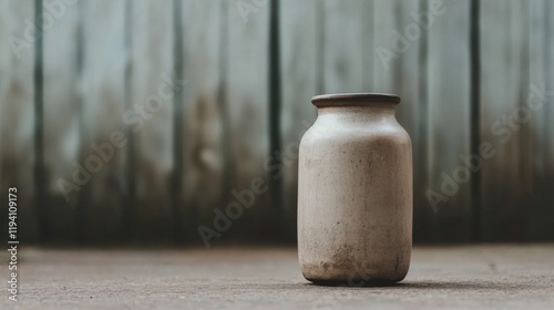 A vintage, off-white ceramic jar sits on a concrete surface against a weathered wood backdrop. photo