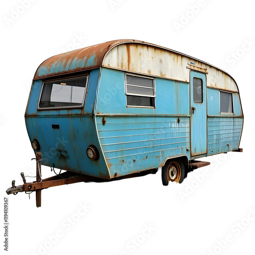 Rusty Vintage Trailer Abandoned Decaying Retro Blue Travel Aged Caravan Worn Wheels with grass