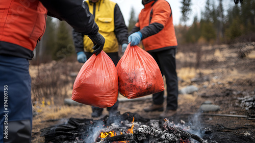 Investigators holding evidence bags near a burntout campfire determining the fires origin photo