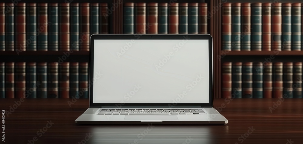 Fototapeta premium Laptop on a desk in front of a bookshelf filled with legal books.