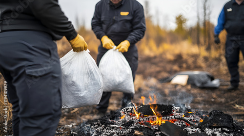 Investigators holding evidence bags near a burntout campfire determining the fires origin photo