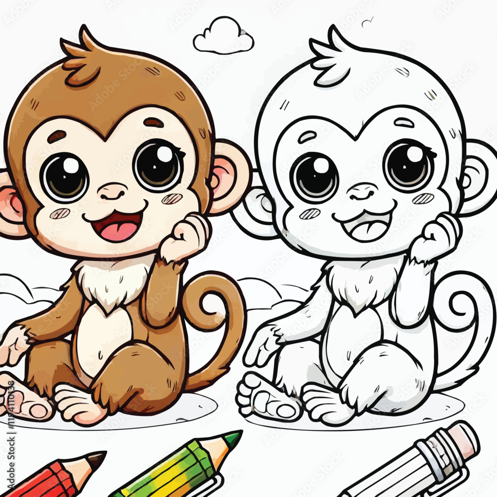 Obraz premium A line art monkey illustration vector style coloring page