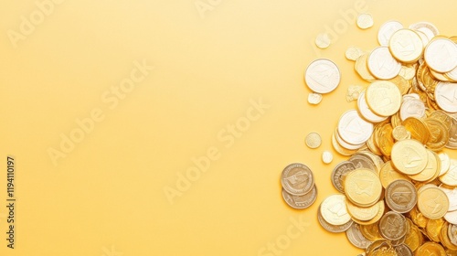 A Vibrant Collection of Shiny Coins on a Bright Yellow Background, Perfect for Illustrating Wealth, Savings, Investment, and Financial Themes in Various Design Projects photo